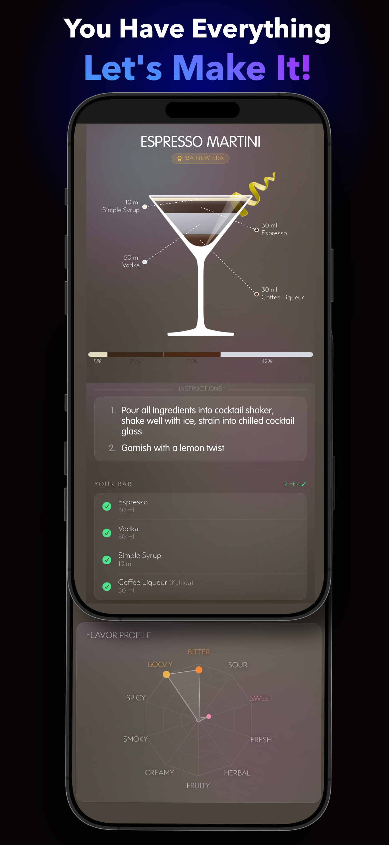Recipe detail view with flavor radar chart